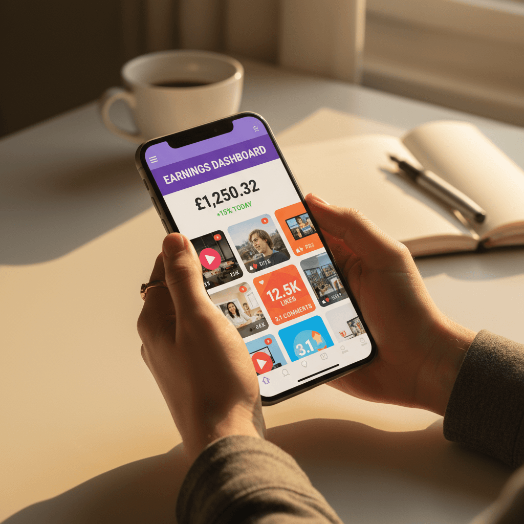 Content creator checking earnings on smartphone