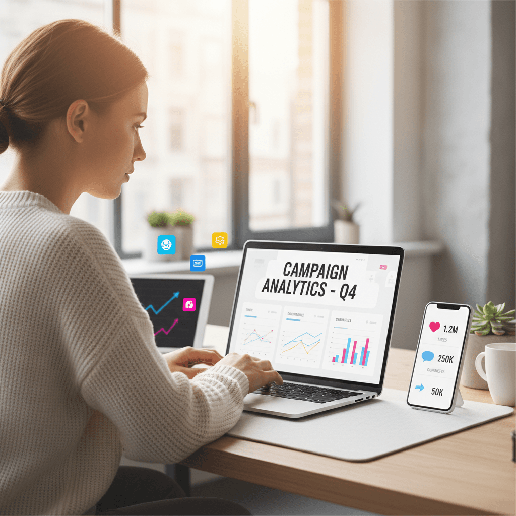 Social media marketer reviewing affiliate analytics and engagement metrics on laptop