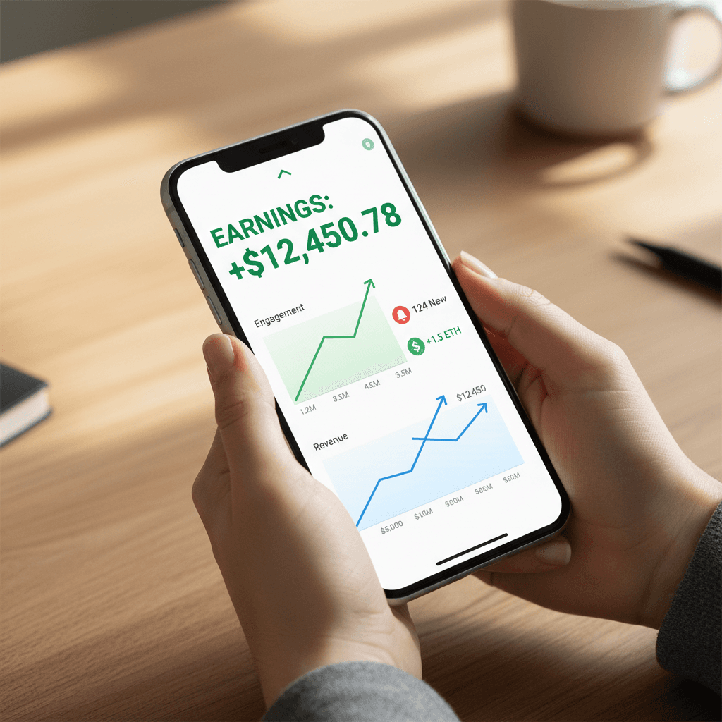 Social media analytics dashboard on smartphone showing earnings growth