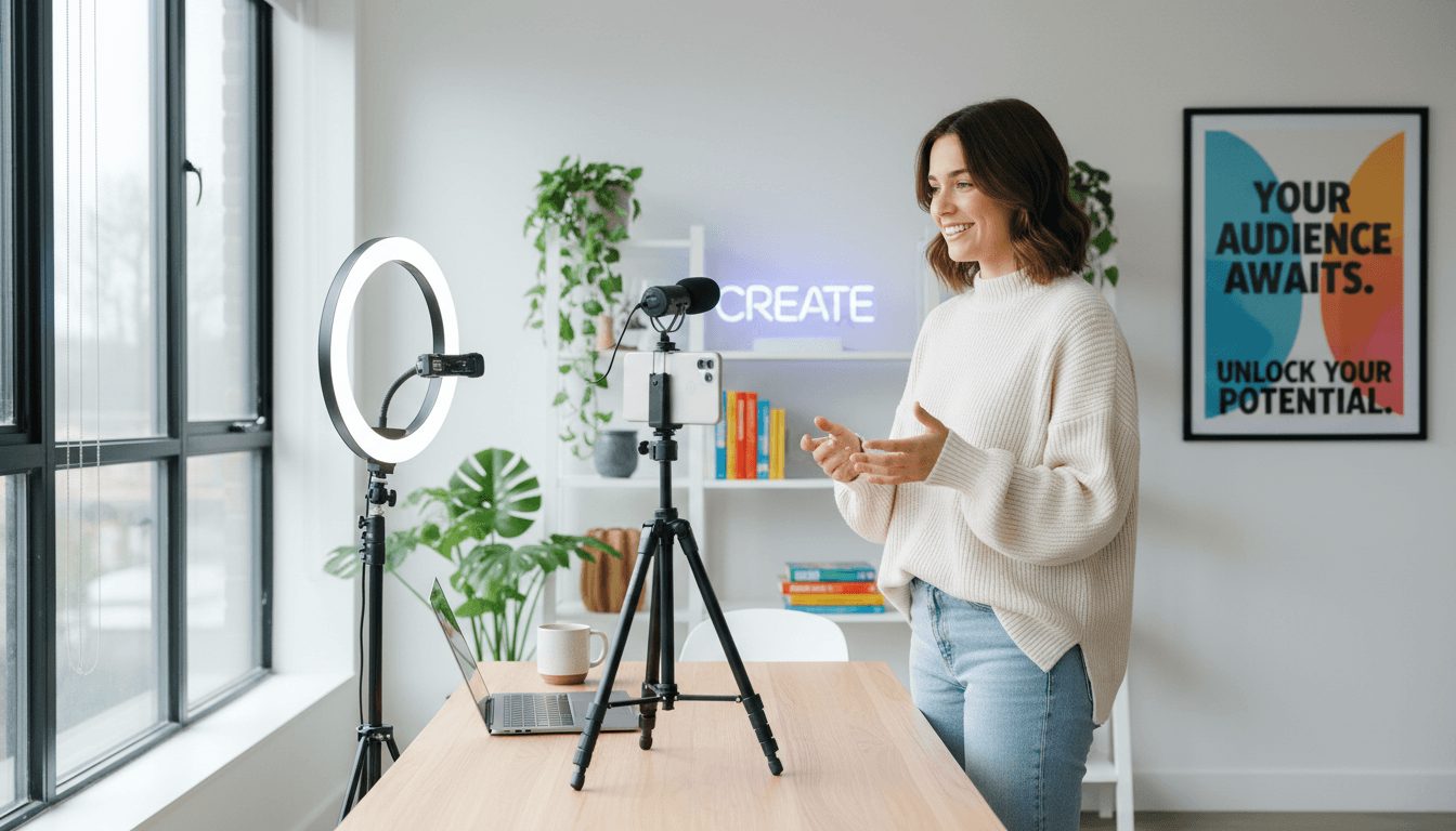 Content creator filming social media video in modern home office workspace