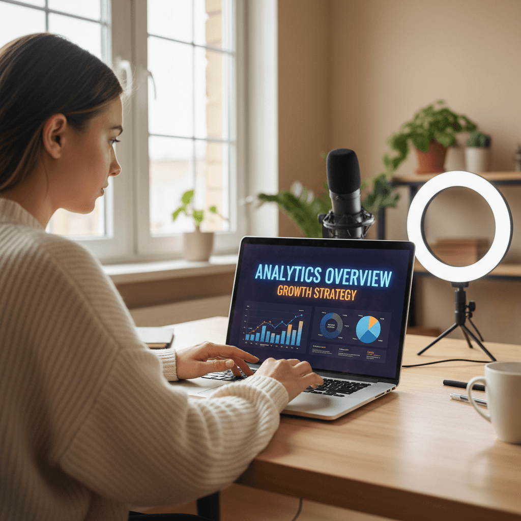 Content creator reviewing social media analytics on laptop