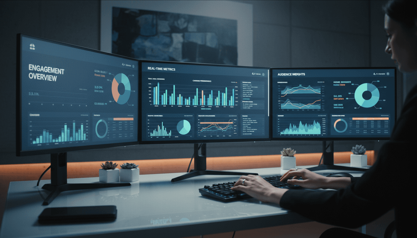 Modern social media marketing workspace with analytics dashboards